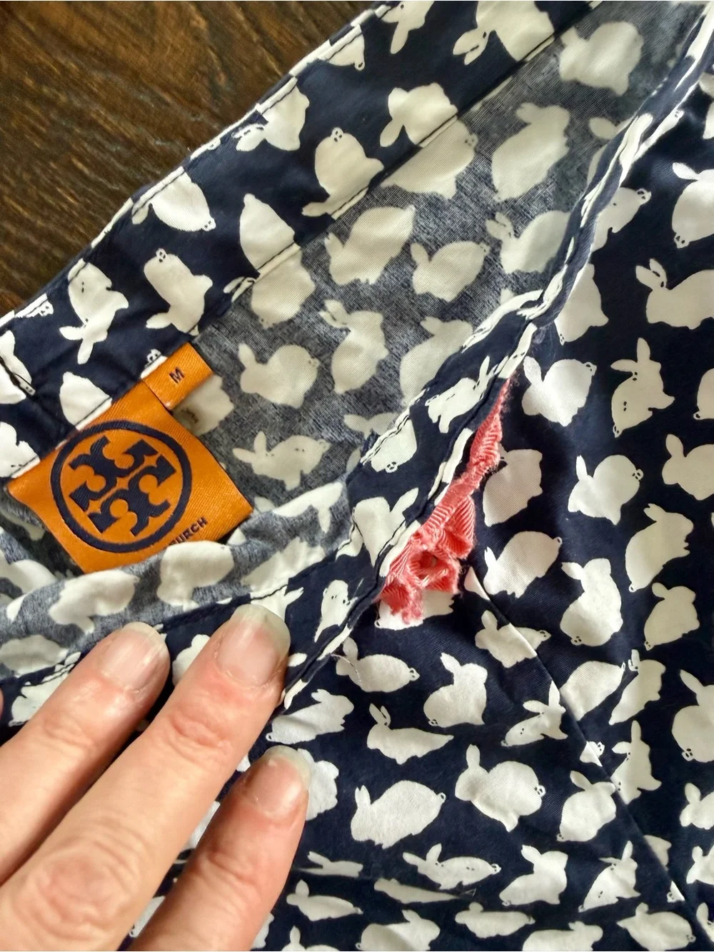 Tory Burch Navy and White Bunny-Print Pajama Set with Pink Piping